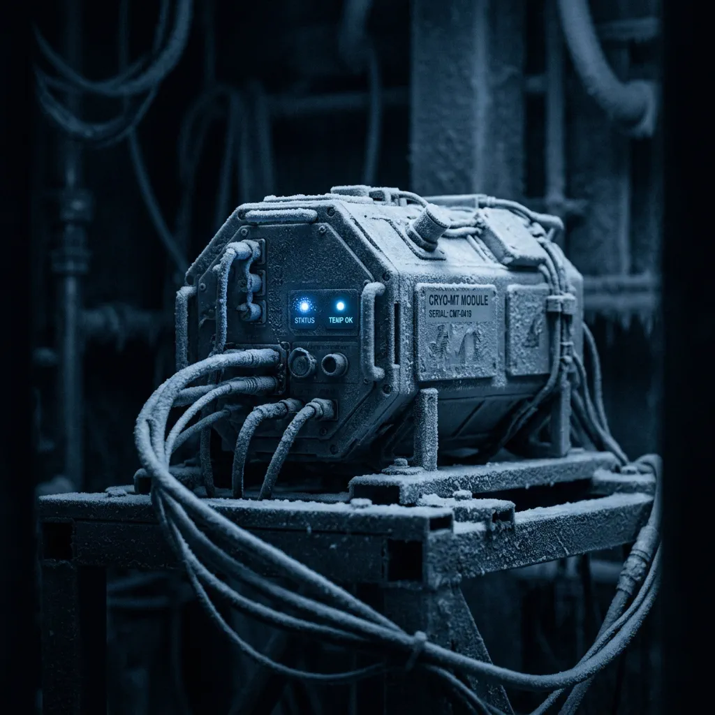 A research module frosting over inside a dark cryogenic cold chamber, blue status lights.