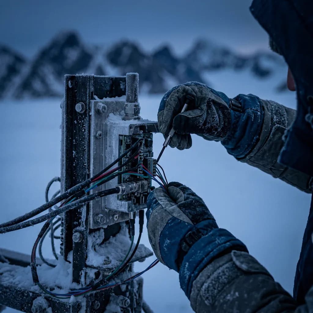 A researcher's gloved hands adjusting a sensor rig in twilight, condensation on the gear.