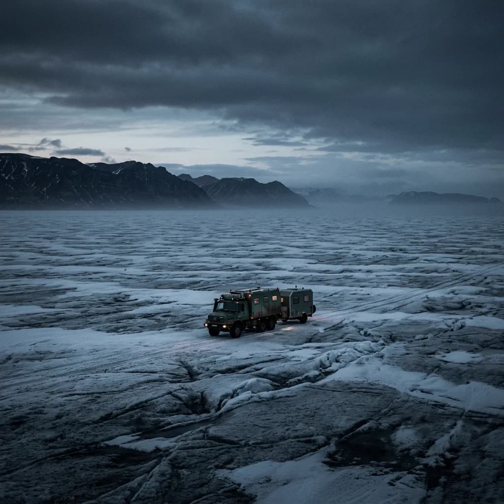 A tiny scientific caravan crossing a vast arctic ice sheet at twilight.