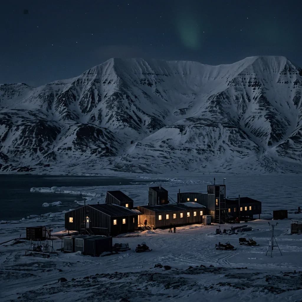 A remote scientific research station at the base of a dark snowy mountain range during polar night.